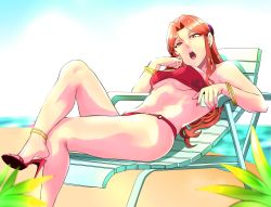 Rule 34 | 1girl, anklet, bad id, bad twitter id, beach, beach chair, bikini, bracelet, commentary request, crossed legs, day, full body, high heels, highres, idolmaster, idolmaster cinderella girls, jewelry, lipstick, long hair, looking at viewer, makeup, nail polish, open mouth, orange eyes, orange hair, otochichi, parted bangs, pink lips, plant, reclining, red bikini, red nails, solo, sunlight, swimsuit, zaizen tokiko