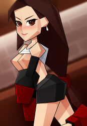 Rule 34 | 1girl, black skirt, blush, breasts, brown hair, closed mouth, clothes lift, earrings, elbow gloves, final fantasy, final fantasy vii, gloves, indoors, jewelry, long hair, loodncrood, looking at viewer, low-tied long hair, medium breasts, miniskirt, nipples, low poly, red eyes, red footwear, shirt, shirt lift, skirt, sleeveless, smile, solo, tank top, tifa lockhart, white shirt, white tank top
