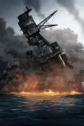 Rule 34 | absurdres, battleship, commentary request, destruction, fire, highres, mikado (winters), military, military vehicle, mixed-language commentary, no humans, outdoors, pearl harbor, real life, real world location, ship, sinking, smoke, warship, water, watercraft