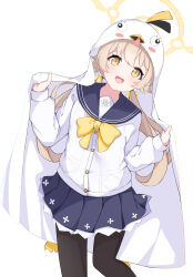 Rule 34 | blue archive, blush, commentary request, hair between eyes, hair ornament, halo, hifumi (blue archive), highres, hood, hoodie, light brown hair, looking at viewer, low twintails, pantyhose, peroro (blue archive), ribbon, school uniform, simple background, solo, twintails, white background, yellow eyes, yoi0341