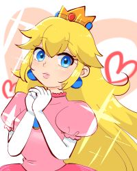 Rule 34 | 1girl, blonde hair, blue eyes, blue gemstone, brooch, crown, dress, earrings, elbow gloves, eyelashes, gem, gloves, heart, jewelry, lips, long hair, looking at viewer, lowres, mario (series), nintendo, noname (user 37513327), own hands clasped, own hands together, parted lips, pink background, pink shirt, princess, princess peach, puffy short sleeves, puffy sleeves, shirt, short sleeves, solo, sparkle, super mario bros. 1, upper body, white background, white gloves