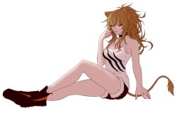 Rule 34 | 1girl, animal ears, arknights, bare legs, black choker, blonde hair, breasts, brown footwear, choker, cleavage, closed mouth, expressionless, full body, korean commentary, lim aya w, lion ears, lion tail, long hair, looking at viewer, medium breasts, mixed-language commentary, ponytail, red shorts, shoes, short shorts, shorts, siege (arknights), simple background, sitting, solo, studded choker, tail, tank top, thighs, toothpick, white background, white tank top, yellow eyes