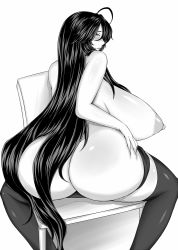 Rule 34 | 1girl, ahoge, ass, black hair, black thighhighs, blush, breasts, chair, curvy, deep skin, embarrassed, female focus, from behind, greyscale, highres, huge breasts, kurokagami ranko, long hair, looking at viewer, looking back, mature female, monochrome, muchigaku, nipples, nude, original, otogi tetsurou, panties, panty pull, pointy breasts, puffy areolae, puffy nipples, sagging breasts, shiny skin, simple background, sitting, sitting backwards, solo, spread legs, thighhighs, underwear, very long hair, white background