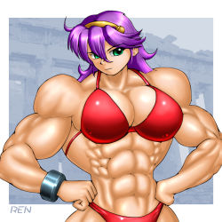 Rule 34 | asamiya athena, bikini, breasts, extreme muscles, fatal fury, green eyes, muscular, purple hair, ren (tainca2000), snk, swimsuit, the king of fighters