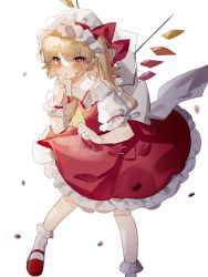 Rule 34 | 1girl, :o, ascot, blonde hair, blurry, blush, bobby socks, bow, breasts, crystal, finger to mouth, flandre scarlet, foot out of frame, frilled shirt collar, frills, hat, hat bow, highres, leaning forward, looking at viewer, mary janes, medium hair, mob cap, one side up, petticoat, pointy ears, puffy short sleeves, puffy sleeves, red bow, red eyes, red footwear, red skirt, red vest, shirt, shoes, short sleeves, simple background, skirt, skirt set, small breasts, socks, solo, sorani (kaeru0768), touhou, vest, white background, white hat, white shirt, wings, wrist cuffs, yellow ascot