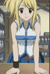 Rule 34 | 1girl, animated, animated gif, blonde hair, blue skirt, bouncing breasts, bracelet, breasts, brown eyes, fairy tail, jewelry, lowres, lucy heartfilia, screencap, shirt, skirt, sleeveless, white shirt