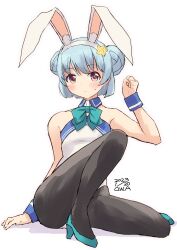 Rule 34 | 1girl, adapted costume, animal ears, artist name, black pantyhose, blue footwear, bow, bowtie, covered navel, crossed legs, dated, detached collar, fake animal ears, high heels, highleg, highleg leotard, highres, kantai collection, leotard, owa (ishtail), pantyhose, playboy bunny, rabbit ears, samuel b. roberts (kancolle), simple background, sitting, solo, traditional bowtie, white background, white leotard, wrist cuffs