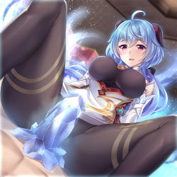 Rule 34 | 1boy, 1girl, abs, ahoge, bare shoulders, bell, between thighs, black pantyhose, blue hair, blush, bodysuit, breasts, censored, clothed female nude male, cowbell, detached sleeves, erection, frozen, ganyu (genshin impact), genshin impact, girl on top, hetero, highres, ice, large breasts, long sleeves, nude, open mouth, pantyhose, penis, purple eyes, spread legs, tsukimi kirara