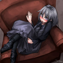 Rule 34 | 1girl, ankle lace-up, armchair, black dress, black hair, black legwear, blush, bow, burn scar, chair, cross-laced footwear, dorei to no seikatsu ~teaching feeling~, dress, heart, heart-shaped pupils, crossed legs, long hair, long sleeves, looking at viewer, lying, official art, on back, open mouth, purple eyes, ray-k, scar, shoes, signature, solo, sylvie (dorei to no seikatsu), symbol-shaped pupils