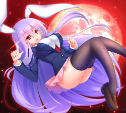 Rule 34 | 1girl, animal ears, bad id, bad pixiv id, black thighhighs, blazer, blouse, breasts, female focus, full moon, highres, jacket, large breasts, long hair, moon, muraji0419, necktie, open mouth, pleated skirt, purple hair, rabbit ears, red eyes, red moon, reisen udongein inaba, shirt, skirt, sky, solo, star (sky), star (symbol), starry sky, thighhighs, touhou, very long hair