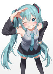 Rule 34 | 1girl, absurdres, aqua eyes, aqua hair, aqua necktie, bare shoulders, bent over, black skirt, black sleeves, black thighhighs, blush, commentary, cowboy shot, detached sleeves, grey shirt, grin, hair ornament, hand on own hip, hand up, hatsune miku, highres, kirima (zs at ), long hair, looking at viewer, miniskirt, necktie, one eye closed, pleated skirt, shading eyes, shirt, shoulder tattoo, skirt, sleeveless, sleeveless shirt, smile, solo, standing, tattoo, thighhighs, twintails, v-shaped eyebrows, very long hair, vocaloid, white background, zettai ryouiki