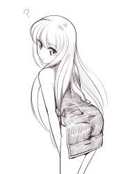 Rule 34 | 1girl, ?, ass, boa (brianoa), c.c., china dress, chinese clothes, closed mouth, code geass, dress, greyscale, highres, long hair, looking at viewer, monochrome, side slit, simple background, solo, transparent background, white background