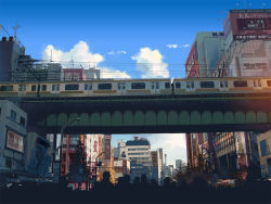 Rule 34 | akihabara (tokyo), bridge, building, cityscape, cloud, cloudy sky, day, houjou takasi, original, real world location, road sign, sign, silhouette, sky, tokyo (city), traffic light, train