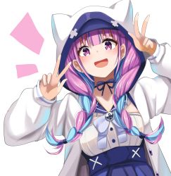 Rule 34 | 1girl, :d, abi (abimel10), anchor symbol, blue bow, blue hair, blue skirt, blush, bow, braid, breasts, double v, hands up, high-waist skirt, hololive, hood, hood up, hooded jacket, jacket, long hair, long sleeves, low twintails, medium breasts, minato aqua, minato aqua (sailor), multicolored hair, notice lines, open mouth, pink hair, pleated skirt, puffy long sleeves, puffy sleeves, purple eyes, shirt, simple background, skirt, smile, solo, streaked hair, twin braids, twintails, two-tone hair, upper body, v, very long hair, virtual youtuber, white background, white jacket, white shirt