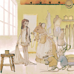 Rule 34 | 1girl, animal, animal in clothes, barefoot, bloomers, brown hair, camisole, child, dress, dress form, hat, highres, indoors, long hair, mirror, mouse (animal), original, scissors, spool, stool, tailor, tape measure, thread, tono (rt0no), underwear, unworn dress, window