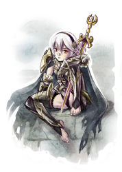 Rule 34 | 1girl, armor, bandage on face, bandages, bandaid, bandaid on face, bandaid on nose, barefoot, black armor, cape, corrin (female) (fire emblem), corrin (fire emblem), feet, fire emblem, fire emblem fates, gauntlets, hugging own legs, long hair, maxa&#039;, nintendo, pink hair, pointy ears, sitting, solo, sword, thighs, toeless legwear, toes, torn cape, torn clothes, weapon, yato (fire emblem), yellow eyes