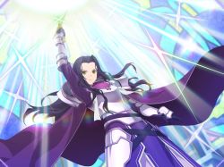 Rule 34 | 1girl, arm up, armor, armored dress, breastplate, cape, closed mouth, crown, dress, dutch angle, fanatio synthesis two, faulds, floating hair, from below, game cg, gloves, hair tubes, holding, holding sword, holding weapon, long hair, purple cape, purple dress, purple gloves, purple hair, shoulder armor, solo, sword, sword art online, sword art online: alicization, sword art online: alicization rising steel, sword art online: unleashed blading, very long hair, weapon, yellow eyes