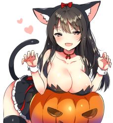 Rule 34 | 1girl, animal ears, bare shoulders, bell, black hair, blush, bow, breast rest, breasts, brown eyes, cat ears, cat tail, choker, claw pose, cleavage, commentary, dress, fake animal ears, fake tail, halloween, heart, ichihaya, jack-o&#039;-lantern, jingle bell, large breasts, leaning forward, long hair, looking at viewer, open mouth, original, pumpkin, simple background, smile, solo, strapless, strapless dress, tail, thighhighs, white background, wrist cuffs