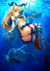 Rule 34 | 10s, 1girl, anchor, ass, bad id, bad pixiv id, black panties, blonde hair, blue eyes, boots, breasts, cherrylich, daeho cha, elbow gloves, gloves, grey footwear, hair ornament, hairband, highleg, highleg panties, highres, kantai collection, long hair, looking at viewer, panties, personification, rensouhou-chan, shimakaze (kancolle), side-tie panties, skirt, striped clothes, striped thighhighs, thighhighs, thong, torn clothes, underboob, underwear, white gloves, x x