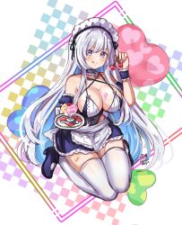Rule 34 | 1girl, azur lane, belfast (azur lane), bikini, braid, breasts, broken, broken chain, chain, cherry, cleavage, collar, food, french braid, fruit, highres, holding, holding food, ice cream, large breasts, licking, long hair, looking at viewer, maid, maid bikini, maid headdress, maroonabyss, purple eyes, sexually suggestive, smile, soft serve, solo, swimsuit, thighhighs, tongue, tongue out, unconventional maid, white hair