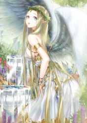 Rule 34 | 1girl, angel, angel wings, armlet, backless dress, backless outfit, bare shoulders, blonde hair, blue eyes, bracelet, breasts, cako ashida, commentary request, cowboy shot, day, dress, elf, flower, fountain, from side, garden, gem, head wreath, jewelry, leaning forward, lips, long hair, looking at viewer, looking back, medium breasts, mixed-language commentary, original, pointy ears, sideboob, sleeveless, solo, very long hair, water, white dress, white wings, wings