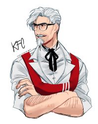 Rule 34 | 1boy, apron, bad id, bad twitter id, colonel sanders, cropped torso, crossed arms, facial hair, glasses, goatee, highres, image sample, kfc, mustache, ozumii, simple background, watermark, white background, white goatee, white hair, white moustache