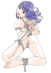 Rule 34 | 1girl, arms behind back, ass, barefoot, bdsm, between toes, blush, bondage, bound, bound wrists, feet, highres, looking back, nude, open mouth, original, purple eyes, purple hair, rope, saitani umetarou, solo, toes