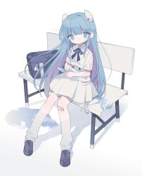 Rule 34 | 1girl, absurdres, bag, bandaid, bandaid on knee, bandaid on leg, bench, black footwear, black ribbon, blue eyes, blue hair, blunt bangs, buttons, cellphone, charm (object), closed mouth, collared shirt, commentary, daizu (melon-lemon), dress, food, full body, headgear, highres, holding, holding food, kneehighs, loafers, long hair, looking at viewer, loose socks, neck ribbon, no nose, on bench, phone, pinafore dress, pleated dress, popsicle, puddle, ribbed socks, ribbon, school bag, shadow, shirt, shoes, short dress, short sleeves, simple background, sitting, sleeveless, sleeveless dress, smartphone, socks, solo, somunia, somunia room, straight hair, stray hair, symbol-only commentary, very long hair, virtual youtuber, white background, white dress, white shirt, white socks