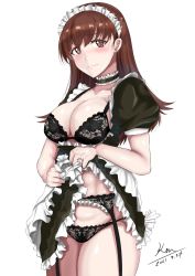 Rule 34 | 1girl, abs, absurdres, alternate costume, apron, black bra, black choker, black dress, black panties, bra, breasts, brown eyes, brown hair, choker, clothes lift, collarbone, cowboy shot, dated, dress, dress lift, embarrassed, enmaided, frills, hair between eyes, highres, jewelry, kantai collection, ken (shutenndouji1), lifting own clothes, long hair, looking at viewer, maid, medium breasts, muscular, muscular female, ooi (kancolle), panties, puffy short sleeves, puffy sleeves, ring, short sleeves, signature, simple background, solo, underwear, wedding ring, white background