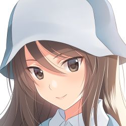 Rule 34 | 10s, 1girl, bad id, bad twitter id, blue hat, brown eyes, brown hair, commentary request, fumika asano, girls und panzer, hat, lips, long hair, mika (girls und panzer), portrait, shirt, smile, solo, white background, white shirt