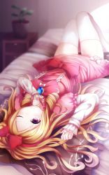 Rule 34 | 1girl, ;3, bed, blonde hair, bow, brown eyes, dress, drill hair, eromanga sensei, full body, hair bow, highres, indoors, knees up, layered sleeves, lolita fashion, long hair, long sleeves, lying, on back, on bed, one eye closed, pillow, pink dress, plant, potted plant, red bow, ringlets, shiira (nya rl), short over long sleeves, short sleeves, sleeves past wrists, solo, thighhighs, twin drills, upside-down, white bow, white thighhighs, yamada elf, zettai ryouiki