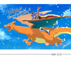 Rule 34 | 1boy, anniversary, arm up, baseball cap, cape, champion uniform, charizard, charizard pose, closed eyes, cloud, commentary request, copyright name, creatures (company), dark-skinned male, dark skin, dated, day, facial hair, from side, fur-trimmed cape, fur trim, game freak, gen 1 pokemon, grin, hat, leggings, leon (pokemon), letterboxed, long hair, male focus, nintendo, outdoors, pokemon, pokemon swsh, purple hair, red cape, riding, riding pokemon, sagemaru-br, shirt, short sleeves, sitting, sky, smile, teeth, w