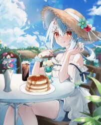 Rule 34 | 1girl, :q, aqua flower, blue hair, blue shorts, blue sky, blush, cloud, commentary request, eating, flower, flower pot, frilled shirt, frills, glass, hair ornament, hairclip, hands up, hat, hat flower, highres, holding, holding spoon, ice cream cup, knees together feet apart, lens flare, long hair, looking at viewer, low ponytail, murumuru (pixiv51689952), on chair, original, ponytail, red eyes, red flower, scrunchie, shirt, shorts, sitting, sky, solo, spoon, straw hat, sun hat, tongue, tongue out, white shirt, wrist scrunchie, x hair ornament