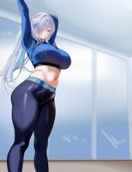 1girl absurdres blue_eyes breasts character_request copyright_request flower grey_hair hair_flower hair_ornament hair_over_one_eye highres long_sleeves navel plump shishiria solo stretching sweat white_flower