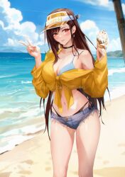 Rule 34 | 1girl, alternate costume, beach, black choker, blue sky, blush, breasts, brown hair, choker, cleavage, closed mouth, cloud, commission, crop top, cutoffs, day, denim, denim shorts, earrings, final fantasy, final fantasy vii, food, front-tie top, highres, holding, holding food, holding ice cream, ice cream, ice cream cone, jewelry, large breasts, long hair, micro shorts, navel, ocean, outdoors, red eyes, shorts, single bare shoulder, sky, solo, spykeee, stomach, swimsuit, swimsuit under clothes, thighs, tifa lockhart, twitter username, v, very long hair, visor cap, watermark, web address