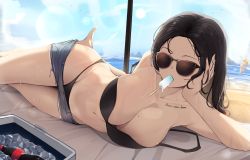 Rule 34 | 2girls, arm support, bikini, black bikini, black hair, blush, breasts, brown eyes, cleavage, clothes pull, collarbone, ddangbi, eyewear on head, food, food in mouth, hand on own cheek, hand on own face, highres, large breasts, long hair, looking at viewer, lying, mole, mole on breast, mouth hold, multiple girls, navel, on side, original, popsicle, pulling own clothes, short shorts, shorts, shorts pull, solo focus, stomach, strap slip, string bikini, swimsuit, tattoo, thighs