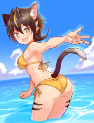 Rule 34 | 1girl, animal ears, ass, back, bikini, black hair, blue sky, blurry, blurry background, breasts, cat ears, cat girl, cat tail, cloud, cloudy sky, commentary, cougar (cougar1404), cowboy shot, day, depth of field, dutch angle, facial mark, fang, from behind, halterneck, horizon, kua (cougar1404), leaning forward, looking at viewer, looking back, medium breasts, multicolored hair, open mouth, orange bikini, orange eyes, orange hair, original, outdoors, reaching, reaching towards viewer, short hair, side-tie bikini bottom, sky, smile, solo, standing, streaked hair, swimsuit, tail, wading, water drop, wet, wet hair, whisker markings