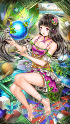 Rule 34 | 1girl, :o, animal, ankle ribbon, anklet, argyle, barefoot, bird, black hair, blush, breasts, building, city, cube, detached sleeves, dress, eyelashes, fantasy, feet, fish, flower, frills, hair flower, hair ornament, highres, hourainingyou, jewelry, leg ribbon, long hair, nail polish, open mouth, original, pink flower, pink nails, planet, plant, red eyes, ribbon, saturn (planet), short dress, sitting, sky, skyscraper, solo, stairs, toenail polish, toenails, toes, vines, water, water drop, yellow flower