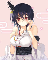 Rule 34 | 10s, 1girl, bare shoulders, black hair, breasts, cleavage, detached sleeves, hair ornament, hand on own chest, inoue takuya (tactactak), japanese clothes, jewelry, kantai collection, large breasts, looking at viewer, nontraditional miko, red eyes, ring, short hair, solo, upper body, yamashiro (kancolle)
