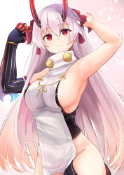 Rule 34 | 1girl, arm up, armpits, asymmetrical gloves, backless outfit, blush, breasts, cowboy shot, fate/grand order, fate (series), gloves, gradient background, hair between eyes, headband, highres, hip focus, horns, large breasts, long hair, looking at viewer, md5 mismatch, neneru, oni horns, pelvic curtain, pink background, red eyes, resolution mismatch, side slit, sideboob, silver hair, solo, source larger, standing, tabard, tomoe gozen (fate), turtleneck, uneven gloves, very long hair