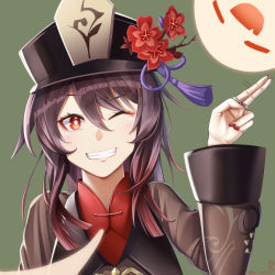 Rule 34 | 1girl, :d, ;d, absurdres, black hair, chinese clothes, commentary request, flower, genshin impact, ghost, grin, hair between eyes, hat, hat flower, hat ornament, highres, hu tao (genshin impact), jewelry, kutsuda miru, long hair, long sleeves, looking at viewer, one eye closed, open mouth, orange eyes, ring, salute, sidelocks, signature, simple background, smile, symbol-shaped pupils, twintails, two-finger salute