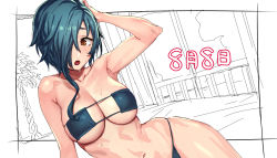 Rule 34 | 1girl, arm up, armpits, bikini, black bikini, breasts, brown eyes, cleavage, dated, dutch angle, eyepatch bikini, green hair, hair over one eye, indoors, large breasts, looking at viewer, lying, navel, sengoku collection, short hair, solo, strapless, strapless bikini, sugitani zenjubou (sengoku collection), sweat, swimsuit, tenchisouha