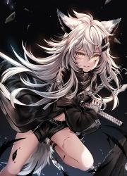 Rule 34 | 1girl, animal ears, arknights, belt, blood, feathers, fingerless gloves, gloves, grin, highres, jacket, lappland (arknights), long hair, looking at viewer, material growth, navel, oripathy lesion (arknights), scar, scar across eye, scar on face, shorts, slit pupils, smile, solo, sword, weapon, white hair, yellow eyes, zerocat
