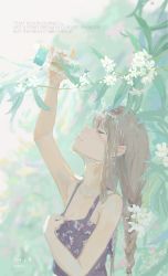 Rule 34 | 1girl, bare arms, bare shoulders, bottle, braid, breasts, brown hair, closed mouth, dated, day, english text, closed eyes, flower, from side, hand on own chest, highres, long hair, original, outdoors, pouring, pouring onto self, small breasts, solo, tagme, twin braids, very long hair, water, water bottle, xilmo