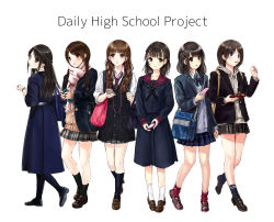 Rule 34 | 6+girls, :o, arm at side, arms at sides, back, backpack, bag, bag charm, black eyes, black footwear, black hair, black serafuku, black shirt, black skirt, black socks, blazer, blouse, blue bow, blue bowtie, blue eyes, blue serafuku, blue shirt, blue skirt, blunt bangs, blush, bow, bowtie, braid, breasts, brown eyes, brown footwear, brown hair, cardigan, cellphone, charm (object), collarbone, collared shirt, dated, digital media player, drawstring, dress shirt, earphones, eyebrows, flat chest, food, food in mouth, full body, grey skirt, hair bow, hair ornament, hair over shoulder, hairclip, half updo, holding, holding phone, hood, hoodie, jacket, kazuharu kina, kneehighs, legs apart, loafers, long hair, long sleeves, looking at viewer, looking away, looking to the side, miniskirt, mole, mole under eye, mouth hold, multiple girls, neckerchief, necktie, open clothes, open jacket, original, pantyhose, parted lips, phone, pigeon-toed, plaid, plaid skirt, pleated skirt, pocket, pocky, red legwear, scarf, school bag, school uniform, serafuku, shirt, shoes, short hair, shoulder bag, simple background, skirt, sleeves pushed up, small breasts, smile, socks, standing, swept bangs, twin braids, twintails, walking, wavy hair, white background, white legwear, white shirt, wire