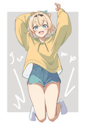 Rule 34 | 1girl, alternate costume, blonde hair, brat (brabrabrat00), commentary, english text, green eyes, green shorts, hair ornament, highres, hololive, hood, hoodie, jumping, kazama iroha, leaf, leaf hair ornament, medium hair, no shoes, open mouth, ponytail, shorts, simple background, smile, socks, solo, virtual youtuber, white socks, yellow hoodie