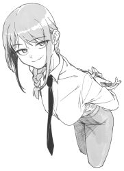 Rule 34 | 1girl, arms behind back, bent over, braid, breasts, chainsaw man, closed mouth, collared shirt, cropped legs, fingernails, greyscale, highres, looking at viewer, makima (chainsaw man), medium hair, monochrome, necktie, pants, ringed eyes, sake goroke, shirt, shirt tucked in, sidelocks, simple background, single braid, smile, solo, white background