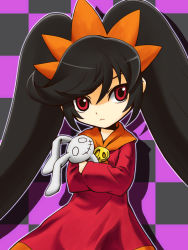 Rule 34 | 1girl, ashley (warioware), big hair, black hair, checkered background, closed mouth, commentary request, cowboy shot, dress, female focus, flat chest, hairband, holding, holding stuffed toy, long hair, long sleeves, looking at viewer, neckerchief, nintendo, orange hairband, orange neckerchief, outline, red dress, red eyes, shadow, sidelocks, skull, solo, standing, stuffed animal, stuffed rabbit, stuffed toy, tendoast, twintails, two-tone background, very long hair, warioware, white outline