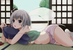 Rule 34 | 1girl, alternate costume, backlighting, bare legs, bare shoulders, blue eyes, blush, breasts, clothes lift, commentary request, day, eating, from side, hair ribbon, highres, indoors, konpaku youmu, konpaku youmu (ghost), looking at viewer, lying, medium breasts, navel, no bra, on pillow, on side, on stomach, open mouth, ribbon, shirt lift, short hair, short shorts, shorts, silver hair, solo, spaghetti strap, stomach, strap slip, tank top, tatami, techi (techi35499), touhou, underboob