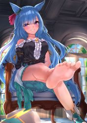 Rule 34 | 1girl, absurdres, animal ears, ankle boots, armchair, asymmetrical bangs, bare legs, barefoot, black dress, blue hair, blunt bangs, blush, boots, breasts, ceiling, chair, dress, feet, foreshortening, frilled dress, frills, from below, grin, herohero (higashi no dou), highres, horse ears, horse girl, indoors, large breasts, leg lift, long hair, looking at viewer, mejiro ardan (umamusume), off-shoulder, off-shoulder dress, off shoulder, purple eyes, shoes, unworn shoes, single boot, single shoe, sitting, smile, soles, solo, toes, umamusume, very long hair